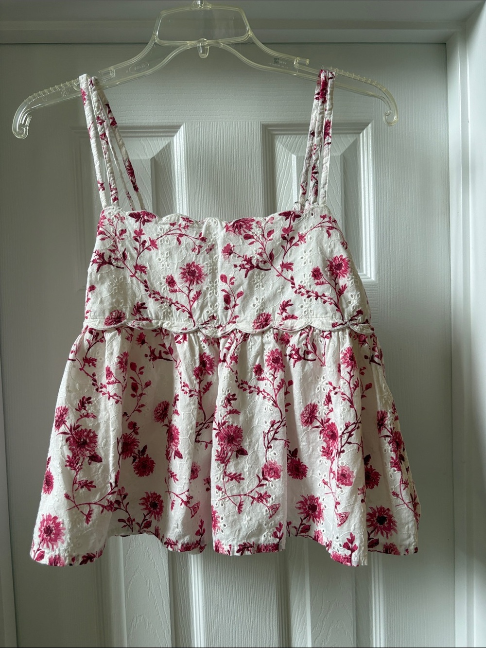 Japna White Cotton Eyelet Tank with Pink Floral Print